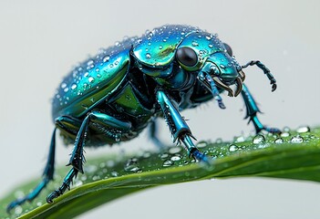 Fototapeta premium a vibrant blue rhinoceros beetle clings to a green leaf covered in delicate water droplets.