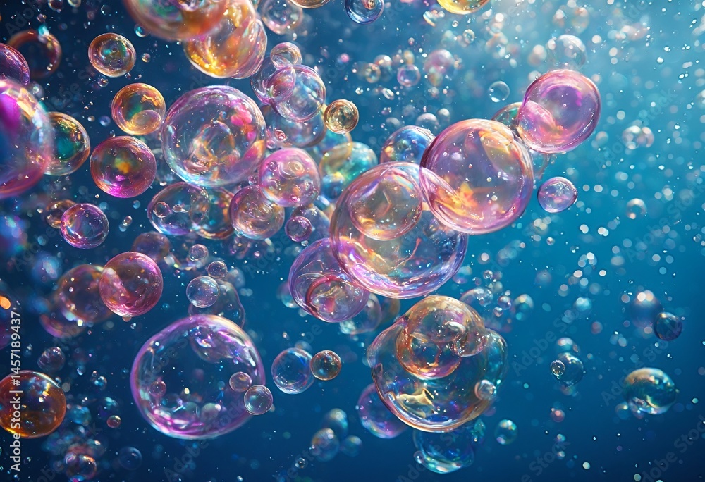 Poster a vibrant cascade of iridescent soap bubbles floats against a deep teal background, creating a dream