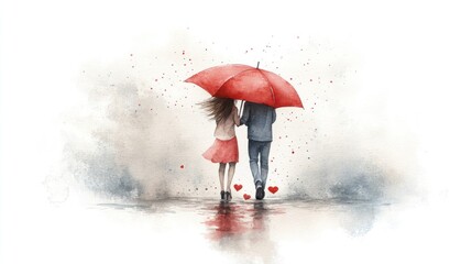 A couple dancing in the rain under a red umbrella, their feet splashing through puddles as gentle raindrops fall around them on Valentine's Day, captured in watercolor.