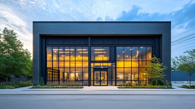 Modern warehouse facade with a small office seamlessly attached, large windows and streamlined design highlighting functional architecture.  