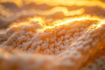 Close-up view of a knitted fabric, bathed in warm golden sunlight.