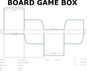 Detailed blueprint of a board game box diecut showing dimensions and crease lines for packaging design
