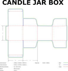 Detailed vector illustration of a candle jar box diecut packaging template with measurements and dimensions for manufacturing and design specifications.