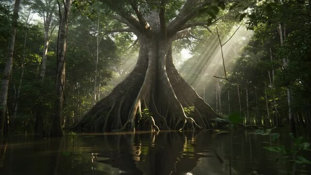 Giant sumauma tree in the Amazon rainforest with light rays