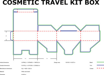 Detailed blueprint of a cosmetic travel kit box showing dimensions and manufacturing specifications with white card board material.