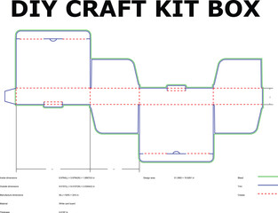 Detailed technical drawing of a diy craft kit box template flat design with dimensions bleed trim and crease indicators perfect for printing and assembly