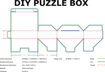 Detailed template design for diy puzzle box illustrating dimensions bleed trim and crease lines for crafting and manufacturing purposes