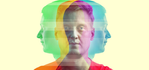 Silhouette of a man in the color of the RGB.  Concept on the topic of psychology, science, symbol of the complexity of a person's personality.