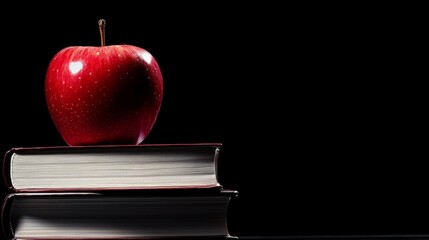 Red apple on stack of books with colorful pencils and school supplies for back to school preparation and education concept
