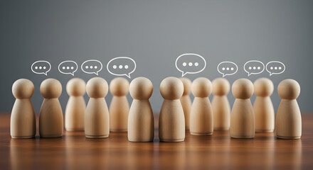 Wooden Figurines on Brown Table Against Gray Background Symbolizing Communication with Speech Bubbles Overhead