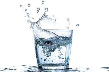 Glass of splashing water drink fresh liquid hydration refreshment on transparent background