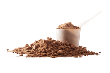 Whey protein supplement scoop with caramel whey protein powder  isolated on white background PNG