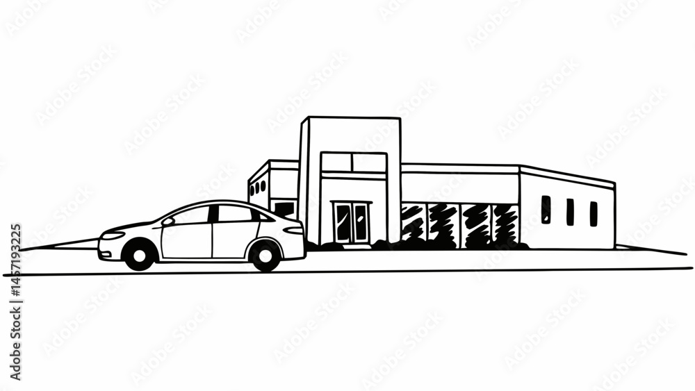 Poster illustration of a modern building with large windows and a car parked in front of the building space