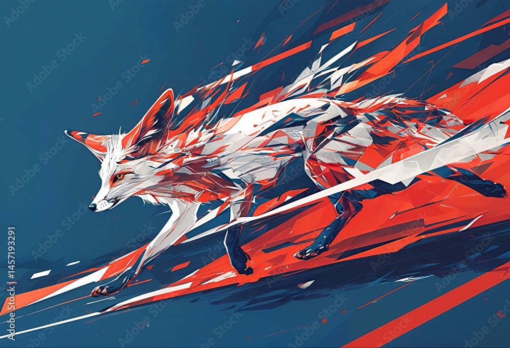 Poster a dynamic digital painting depicts a fox rendered in fragmented geometric shapes and vibrant red and