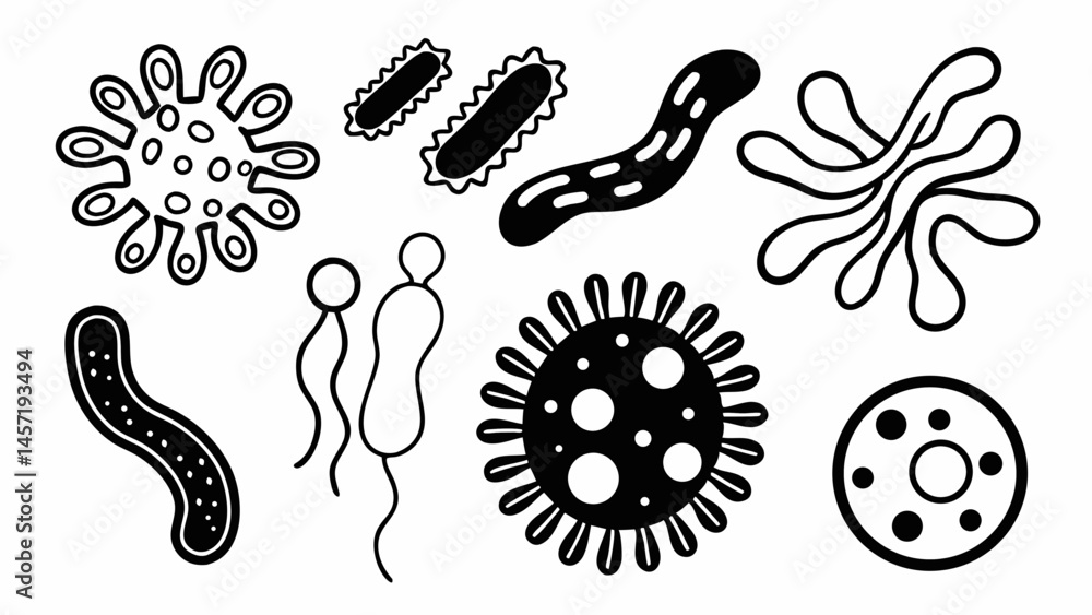 Poster collection of various types of bacteria and viruses in black and white line art style illustration c