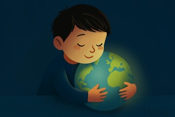 A child lovingly embraces a glowing earth, symbolizing unity, care, and environmental awareness. The dark background highlights the nurturing gesture and serene expression.