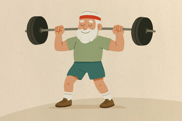 Illustration of an elderly man with a beard and headband lifting a barbell. Depicts strength, fitness, and healthy aging. The scene is lively and motivational.