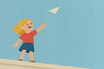 A cheerful illustration of a child in a red shirt and blue skirt joyfully launching a paper airplane against a clear blue sky