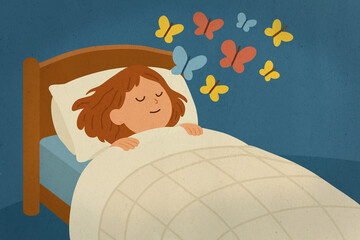 A peaceful illustration of a child sleeping in bed, surrounded by colorful butterflies, symbolizing dreams and imagination