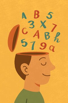 Illustrated concept of a person's open mind with colorful letters and numbers floating outward, symbolizing creativity and knowledge on a vibrant orange background.
