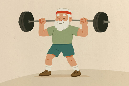 Illustration of an elderly man with a beard and headband lifting a barbell. Depicts strength, fitness, and healthy aging. The scene is lively and motivational.