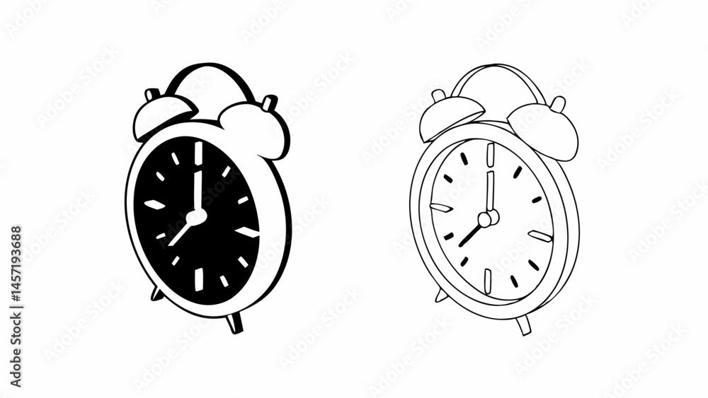 Poster illustration of two alarm clocks one filled in black and one in outline style on white background cr