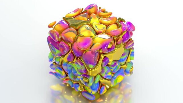Colorful glass and gold blobby 3D cube animation motion background. Perfect loop.