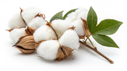 A close up shot of a cotton plant with white cotton balls and green leaves on a white background...