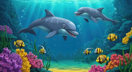 Fototapeta premium Dolphins and Tropical Fish Swimming in Colorful Coral Reef – Vibrant Underwater Cartoon Scene