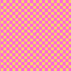 Checkerboard pattern background in pink and yellow, seamless hand drawn grid with texture, playful vector print, perfect for fabric, wrapping paper, digital scrapbooking, or textile design. Drag to