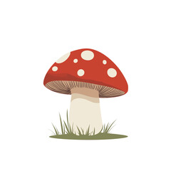 Bright red mushroom with white spots grows in grass PNG on a transparent background 