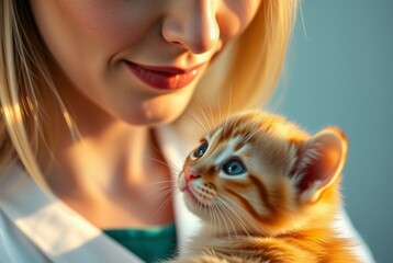 elegant woman veterinarian examines ginger kitten with stethoscope in vet clinic