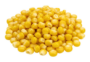 A vibrant pile of golden yellow corn kernels on a dark background