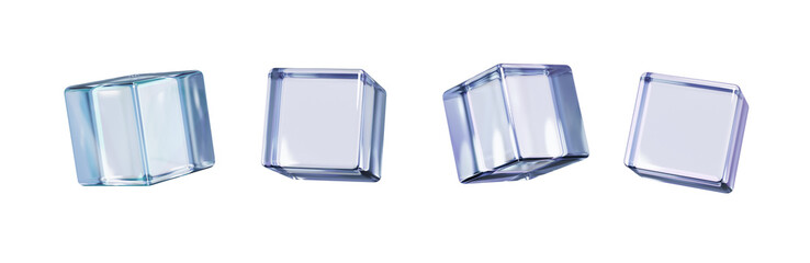 Set of transparent glass cubes with iridescent reflection. Four floating clear cubes with soft holographic light effects on a dark background, ideal for abstract or futuristic design concepts.