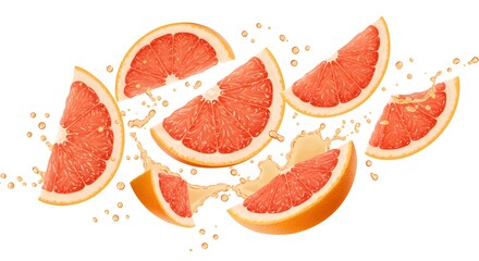 Grapefruit wedges flying with droplets of juice suspended in air, hyper-realistic texture, white clean background

