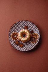 Round chocolate tart or pie with cream berry filling