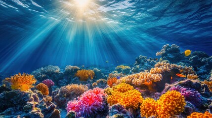 Fototapeta premium Vibrant sunlit coral reef underwater paradise with marine life