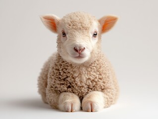 Adorable fluffy lamb resting calmly on a light background, showcasing its cuteness