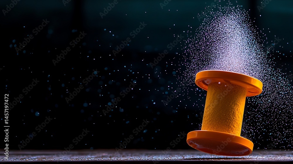 Poster spool of thread spinning in motion, with colorful dust particles in a darkened workshop background
