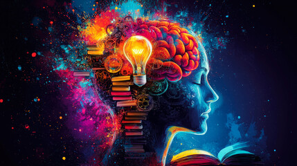 Surreal illustration of a woman's head filled with books, gears, and a glowing light bulb, symbolizing knowledge, creativity, learning, and intellectual power.

