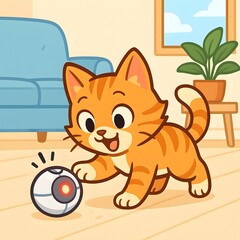 Cute Cartoon Orange Cat Playing with Robotic Toy Ball Indoors - Fun Pet Technology Interaction in Bright Stylized Room