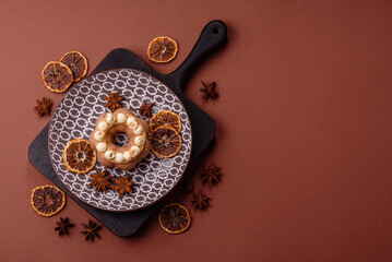 Round chocolate tart or pie with cream berry filling