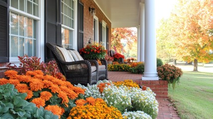 Charming autumn porch with vibrant flowers and cozy seating on a sunny day