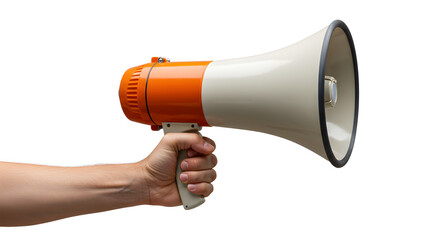 Close Up of a Hand Holding an Orange and Cream Megaphone Isolated on White Background