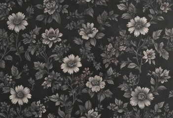 Obraz premium Small scale charcoal floral wallpaper, antique flower & leaf pattern , bloom, graphics, grey scale
