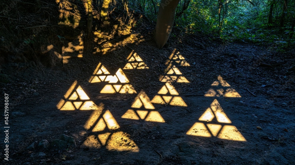 Poster triangular light patterns cast on a forest floor setting