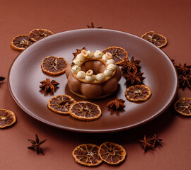 Round chocolate tart or pie with cream berry filling