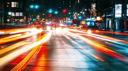 Long exposure photography captures city street lights in the night