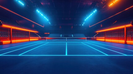 Neon-lit futuristic tennis court in sci-fi stadium setting