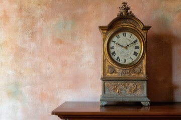 An ornate antique golden mantel clock sits proudly on a wooden table against a textured peach-colored wall.